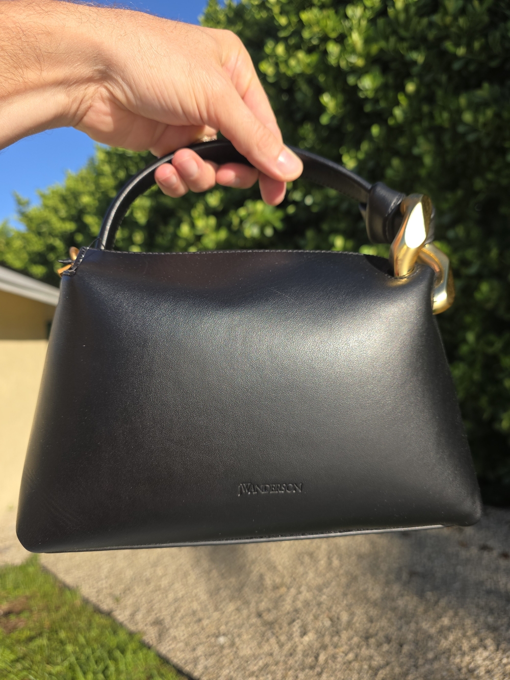 J.W. Anderson Black Leather Top-Handle Bag with Gold Hardware 9.5 Inches Long